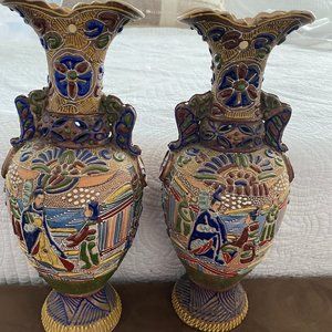 Antique Japanese Kyoto Satsuma Moriage Earthenware Double Handle 12 1/2" Vases